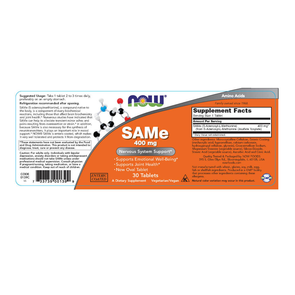  나우 Now, SAMe 400 mg, 30 타블렛