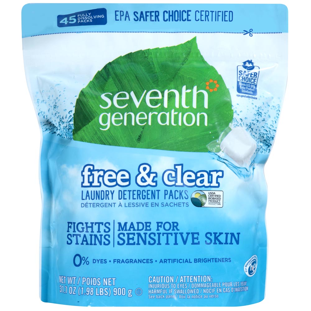 세븐스제너레이션, 친환경 천연 세탁 세제 (낱개 포장), 프리&클리어, 45 개